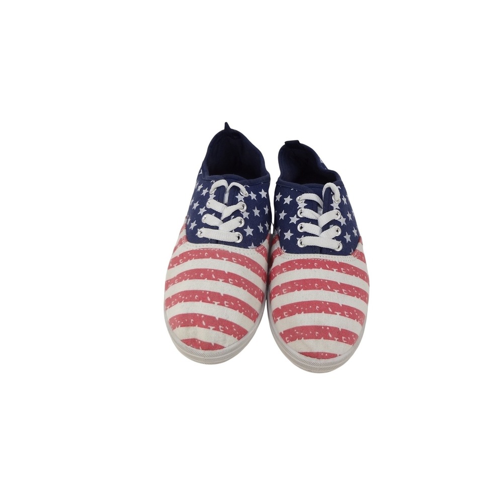 USA Womens 9 American Flag Canvas Lace Up Sneakers Red White Blue Stars Stripes